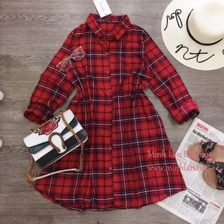 Đầm sơ mi sọc đỏ đen