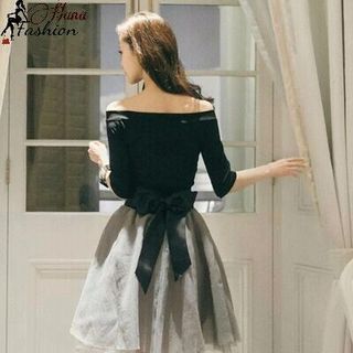 Đầm Xòe Bẹt Vai Nơ Eo