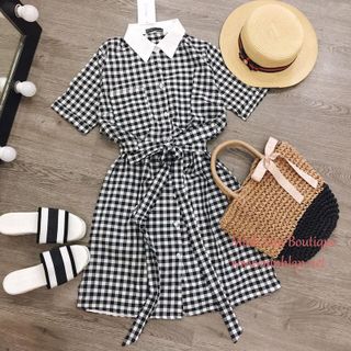 Đầm sơ mi caro sọc đen trắng