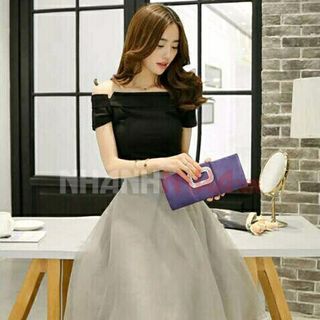 Set Áo Trễ Vai Chân Váy Xòe Tầng