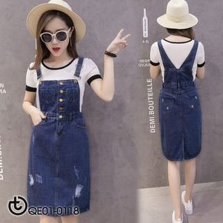 Đầm Jean Yếm Phối Túi Nút Cut-out eo
