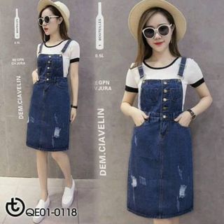 Đầm Jean Yếm Phối Túi Nút Cut-out eo