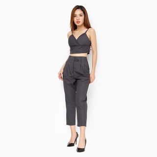 Set thời trang áo 2 dây croptop và quần màu xám