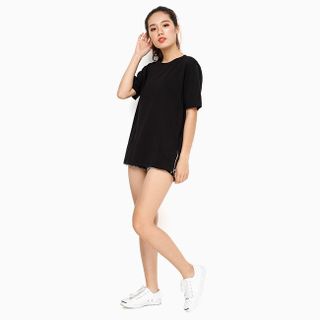 Áo thun cổ tròn tay ngắn phối dây kéo 2 bên màu đen