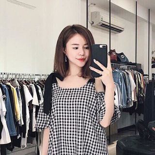 Đầm caro khoét vai