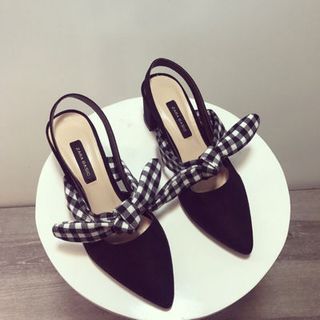 giay sandal gót vuông nơ caro cao câp