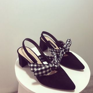 giay sandal gót vuông nơ caro cao câp
