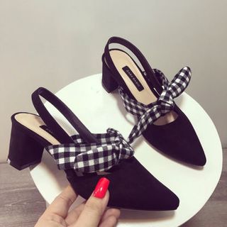 giay sandal gót vuông nơ caro cao câp