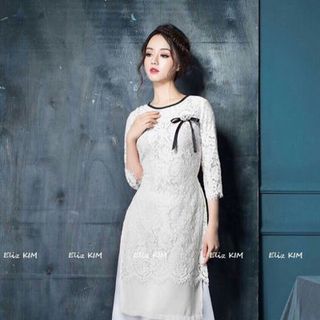 SET áo dài ren kèm váy điệu đà đính hoa trên ngực