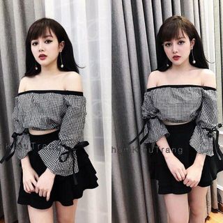 áo caro bẹt vai tay loe cột nơ