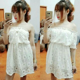 đầm ren bẹt vai cột nơ