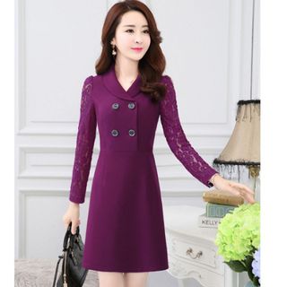 Đầm tím tay ren cổ đăng tông sơ mi phối nút