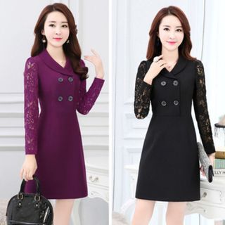Đầm đen tay ren cổ đăng tông sơ mi phối nút