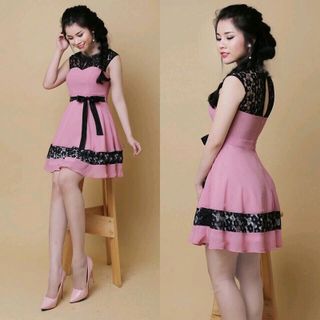 Đầm xòe cát hàn phối ren có dây kéo