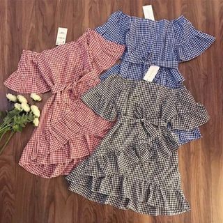 đầm sọc caro eo cột nơ