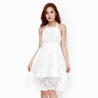 Đầm ren nữ thời trang cổ yếm điệu đà màu trắng