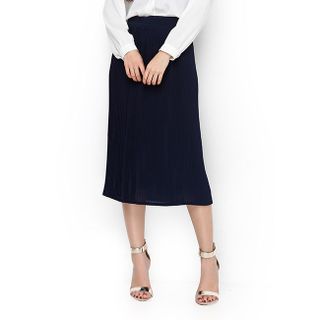 Chân váy nữ midi xếp ly phong cách màu xanh đen