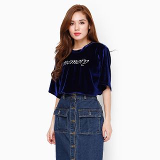Áo nhung nữ thời trang tay ngắn họa tiết chữ Memory