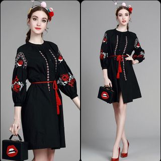 ĐẦM SƠ MI HỌA TIẾT THÊU 160097 - KÈM DÂY