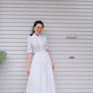 Đầm Xòe Chấm Bi Vintage Cổ Sơ Mi - Trắng MLXLD975T
