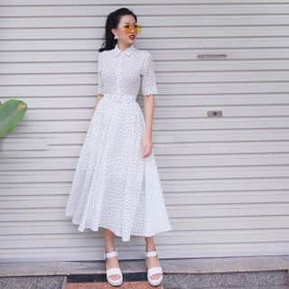 Đầm Xòe Chấm Bi Vintage Cổ Sơ Mi - Trắng MLXLD975T