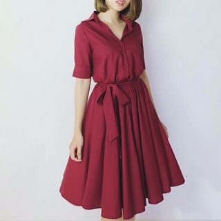 Đầm Xòe Cổ Sơ Mi Có Túi Kèm Thắt Lưng - HK097