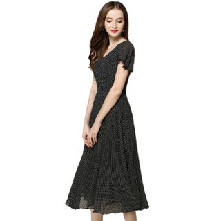 Đầm maxi chấm bi cổ V bo thun eo