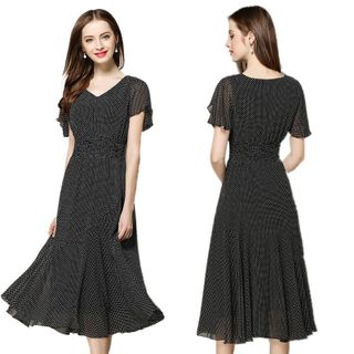 Đầm maxi chấm bi cổ V bo thun eo