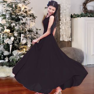 Đầm maxi đen cổ V thắt eo nơ