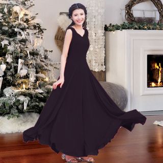 Đầm maxi đen cổ V thắt eo nơ