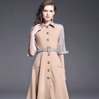 Đầm dạ phối kẻ cổ đức kèm belt