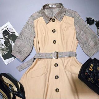 Đầm dạ phối kẻ cổ đức kèm belt