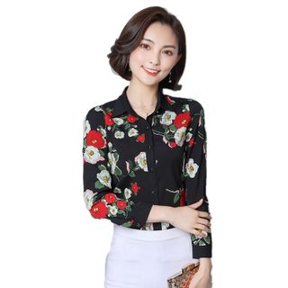 Áo Sơ Mi Hàn Quốc Nền Đen Hoa Rosa