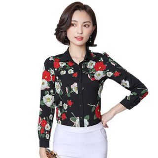 Áo Sơ Mi Hàn Quốc Nền Đen Hoa Rosa