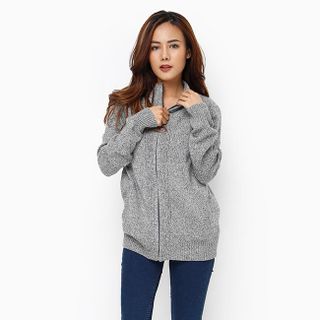 Áo khoác len nữ tay dài phối túi màu xám