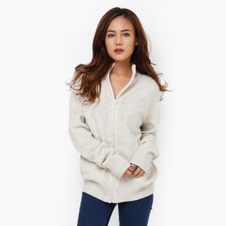 Áo khoác len tay dài phối túi màu xám trắng
