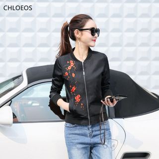 Áo Khoác Dù Bomber Đen Hai Lớp Thêu Hoa Đào