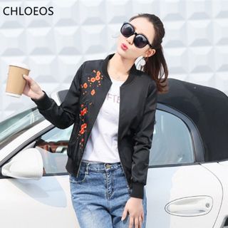 Áo Khoác Dù Bomber Rêu Hai Lớp Thêu Hoa Đào