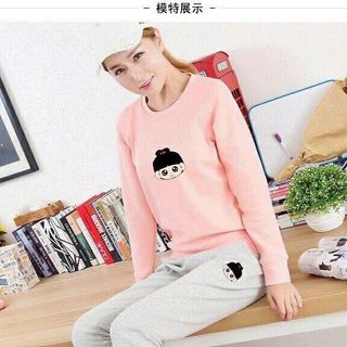 Đồ bộ nữ dài tay áo hồng quần xám