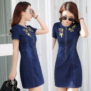 Đầm Jean Phối Dây Kéo Trước Thêu Hoa