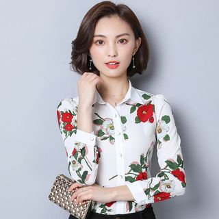Áo Sơ Mi Hàn Quốc Nền Trắng Hoa Rosa