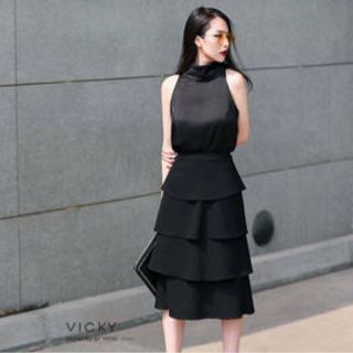 Set Áo Cổ Cao Chân Váy Nhiều Tầng Áo Đen CV Đen