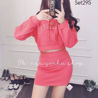 set áo hoodie nón chân váy body