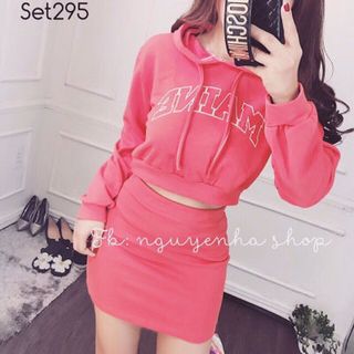 set áo hoodie nón chân váy body