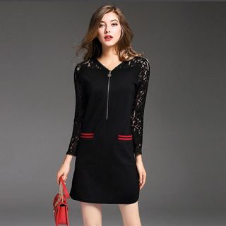 Đầm Ren Phối Túi Sọc Dây Kéo Trước Ngực