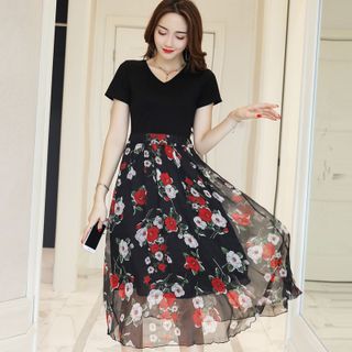 Đầm dạo phố cột nơ eo in 3D hoa