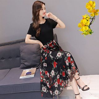 Đầm xòe chiffon in 3D hoa mùa xuân