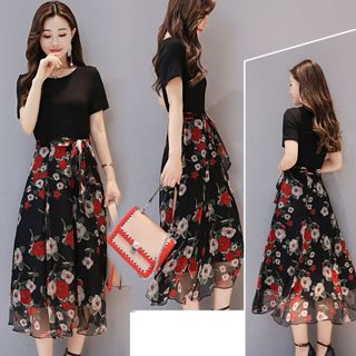Đầm xòe chiffon in 3D hoa mùa xuân