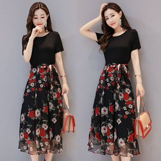 Đầm xòe chiffon in 3D hoa mùa xuân