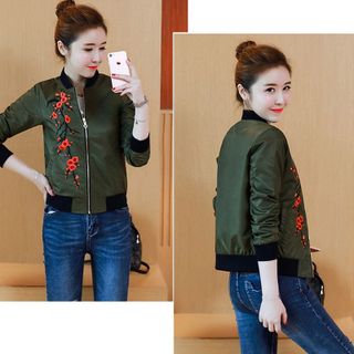 Áo Khoác Thể Thao Dù Đen Hai Lớp Thêu Hoa Đào